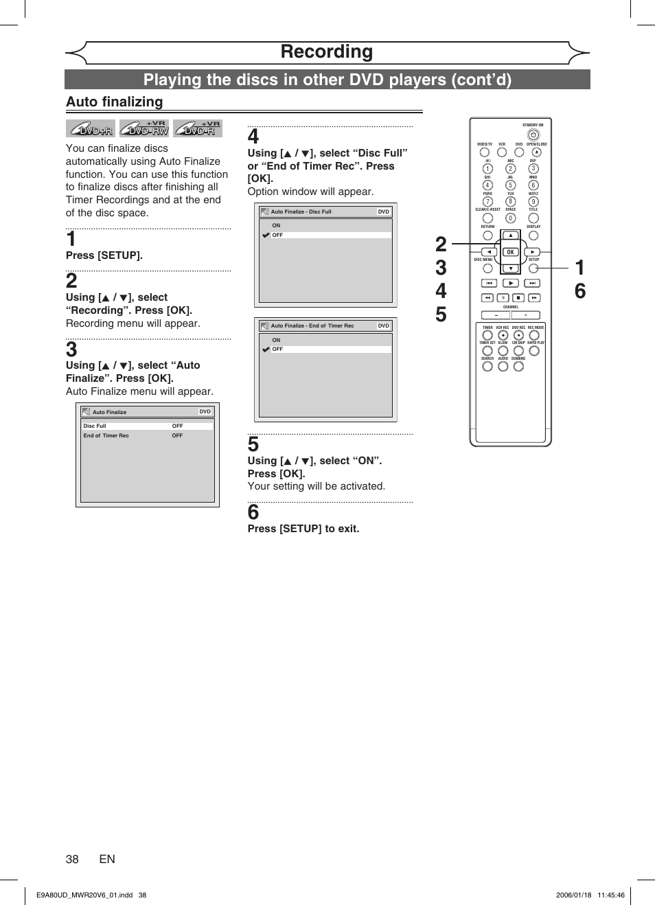 Recording, Playing the discs in other dvd players (cont’d), Auto finalizing | 38 en | Philips Magnavox MWR20V6 User Manual | Page 38 / 90