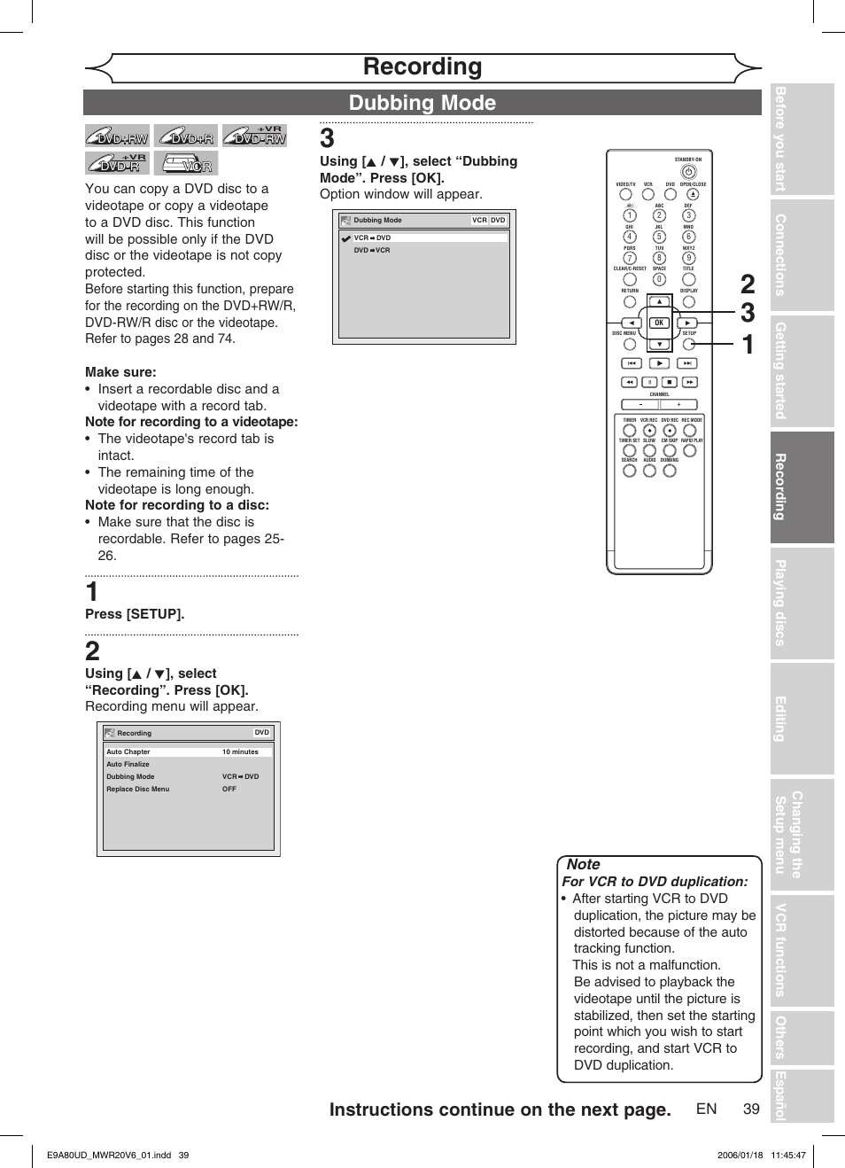 Recording, Dubbing mode, Instructions continue on the next page | Philips Magnavox MWR20V6 User Manual | Page 39 / 90