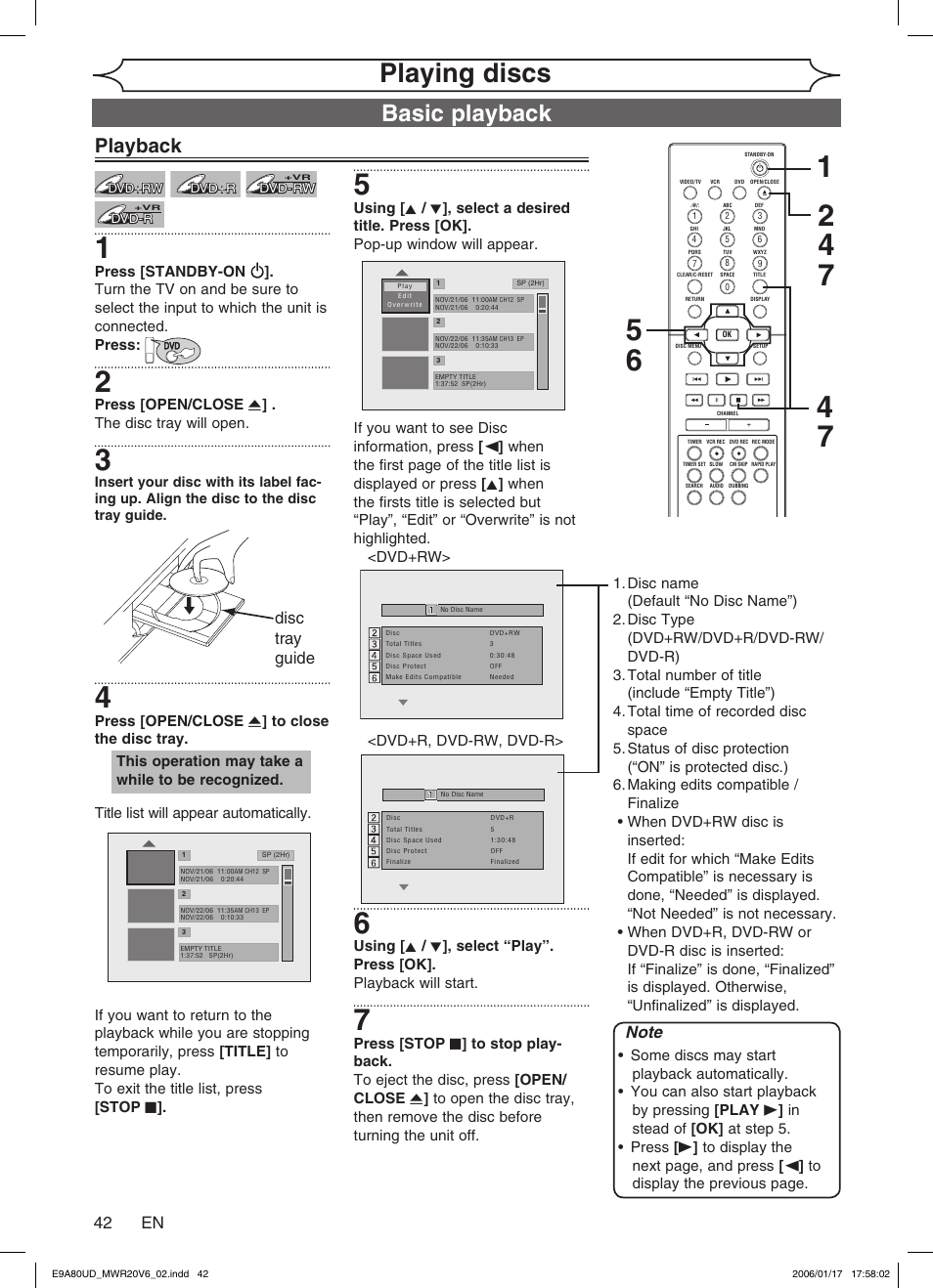 Playing discs, Basic playback, Playback | 42 en, Disc tray guide | Philips Magnavox MWR20V6 User Manual | Page 42 / 90