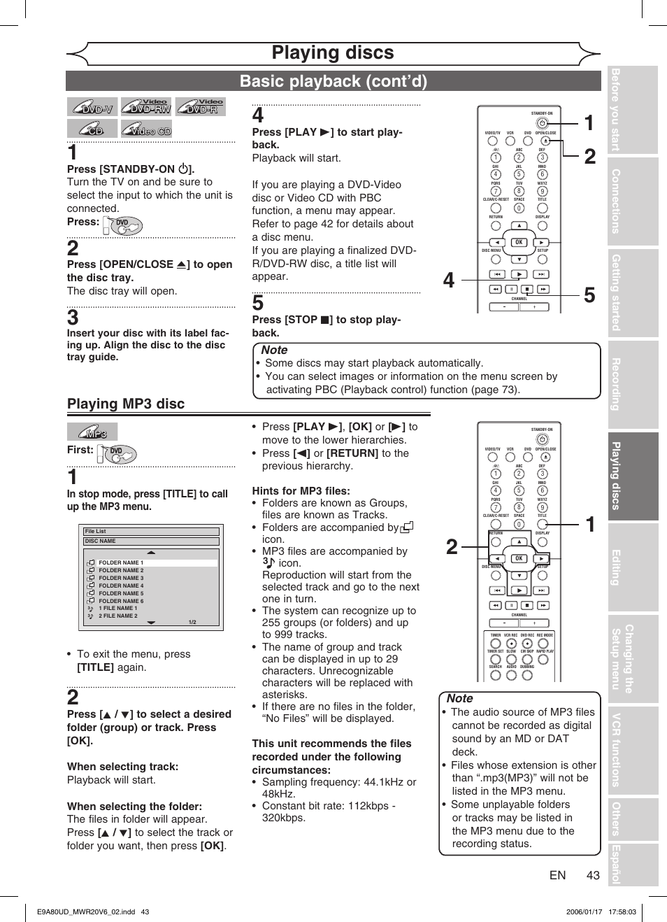 Playing discs, Basic playback (cont’d), Playing mp3 disc | Philips Magnavox MWR20V6 User Manual | Page 43 / 90