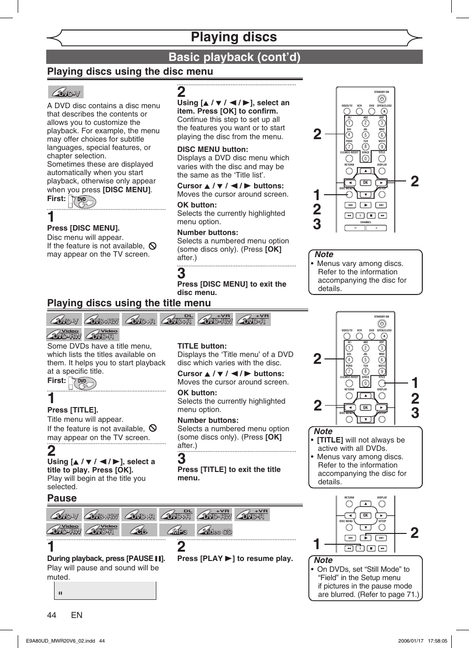 Playing discs, Basic playback (cont’d), Playing discs using the disc menu | Playing discs using the title menu, Pause, 44 en | Philips Magnavox MWR20V6 User Manual | Page 44 / 90