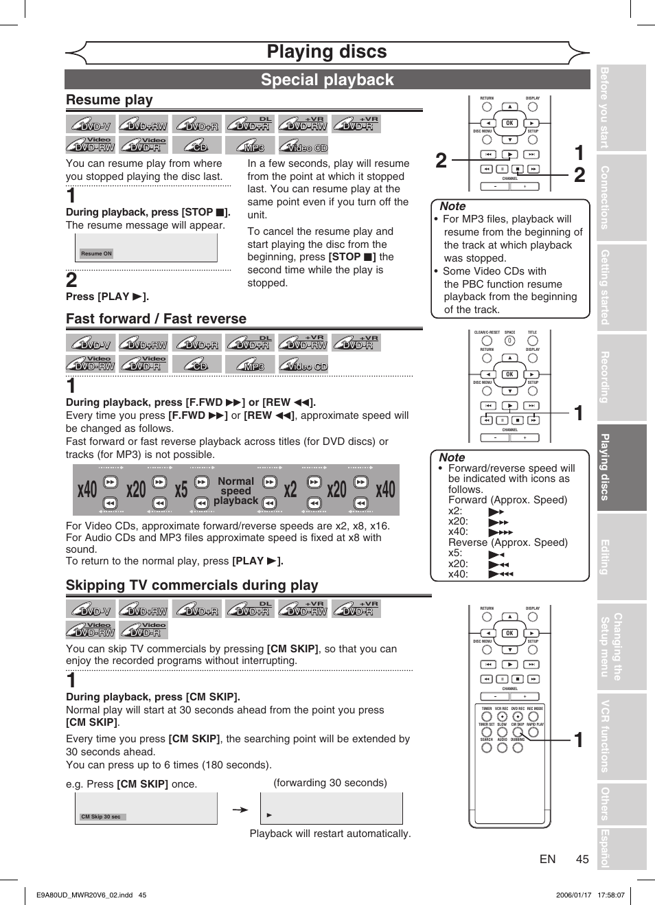 Playing discs, Special playback, Resume play | Fast forward / fast reverse, Skipping tv commercials during play | Philips Magnavox MWR20V6 User Manual | Page 45 / 90