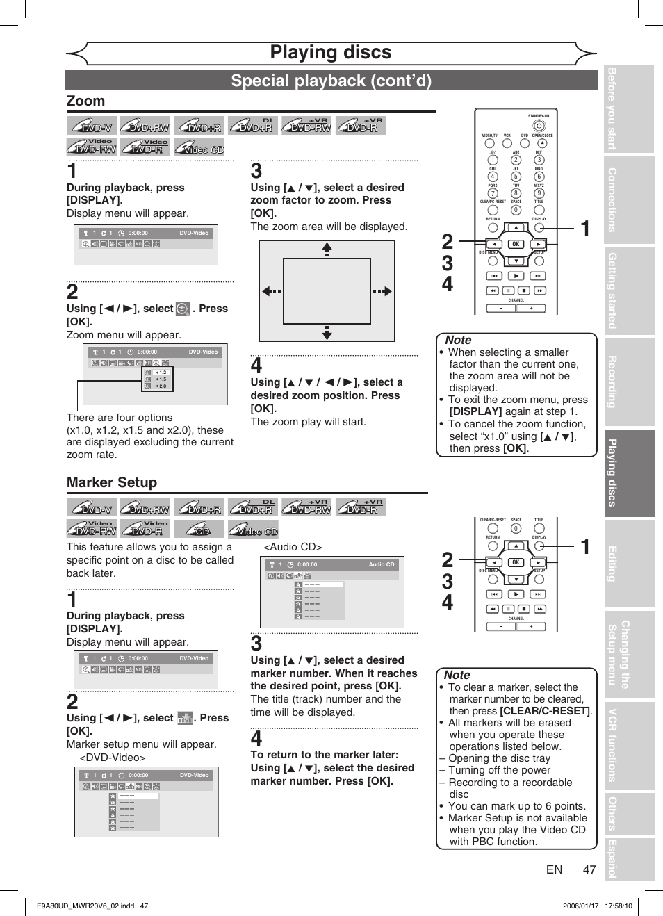 Playing discs, Special playback (cont’d), Zoom | Marker setup | Philips Magnavox MWR20V6 User Manual | Page 47 / 90