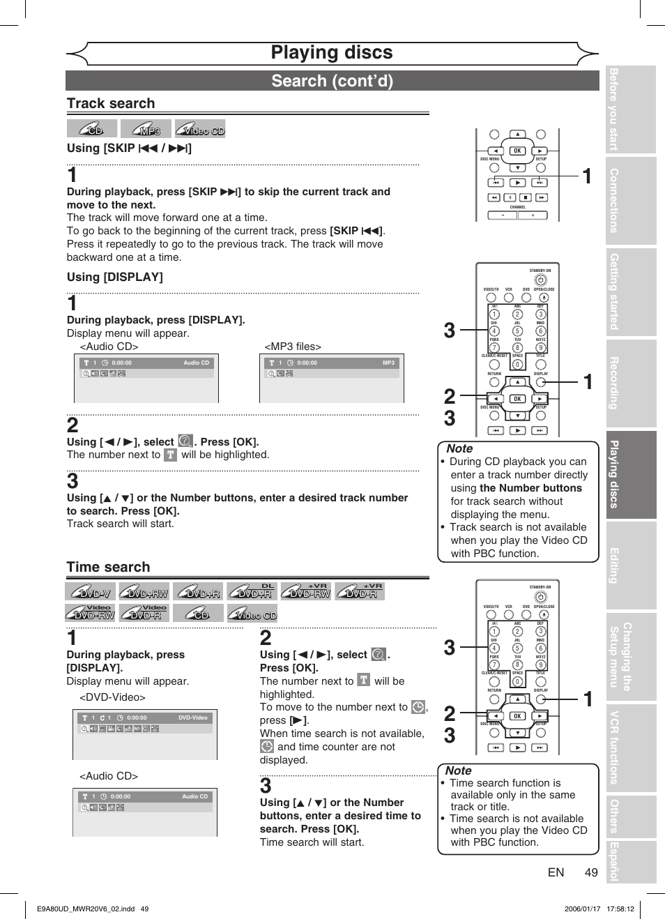 Playing discs, Search (cont’d), Track search | Time search, Using [display, Using [skip h / g | Philips Magnavox MWR20V6 User Manual | Page 49 / 90