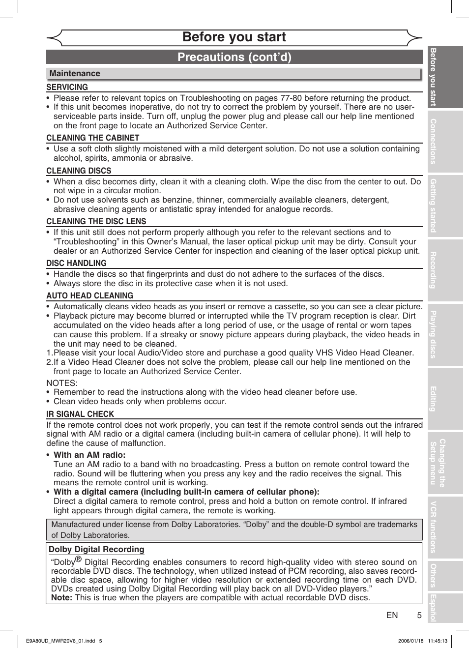 Before you start, Precautions (cont’d) | Philips Magnavox MWR20V6 User Manual | Page 5 / 90