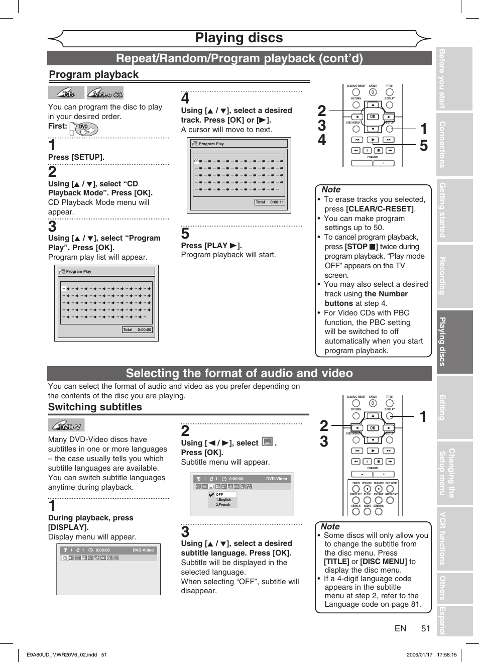 Playing discs, Selecting the format of audio and video, Repeat/random/program playback (cont’d) | Program playback, Switching subtitles, Press [setup, Press [play b ]. program playback will start | Philips Magnavox MWR20V6 User Manual | Page 51 / 90