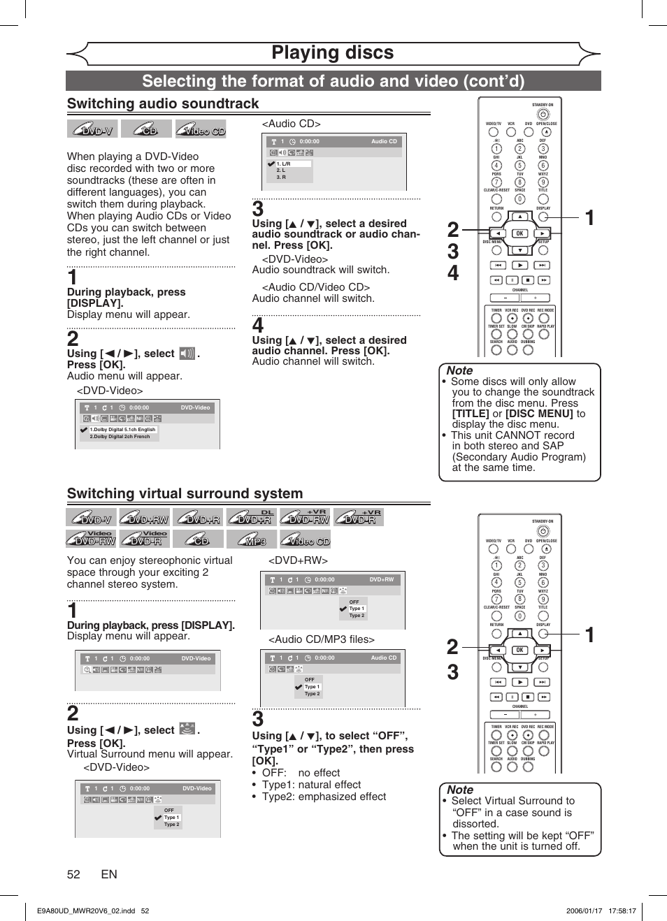 Playing discs, Selecting the format of audio and video (cont’d), Switching audio soundtrack | Switching virtual surround system, 52 en | Philips Magnavox MWR20V6 User Manual | Page 52 / 90