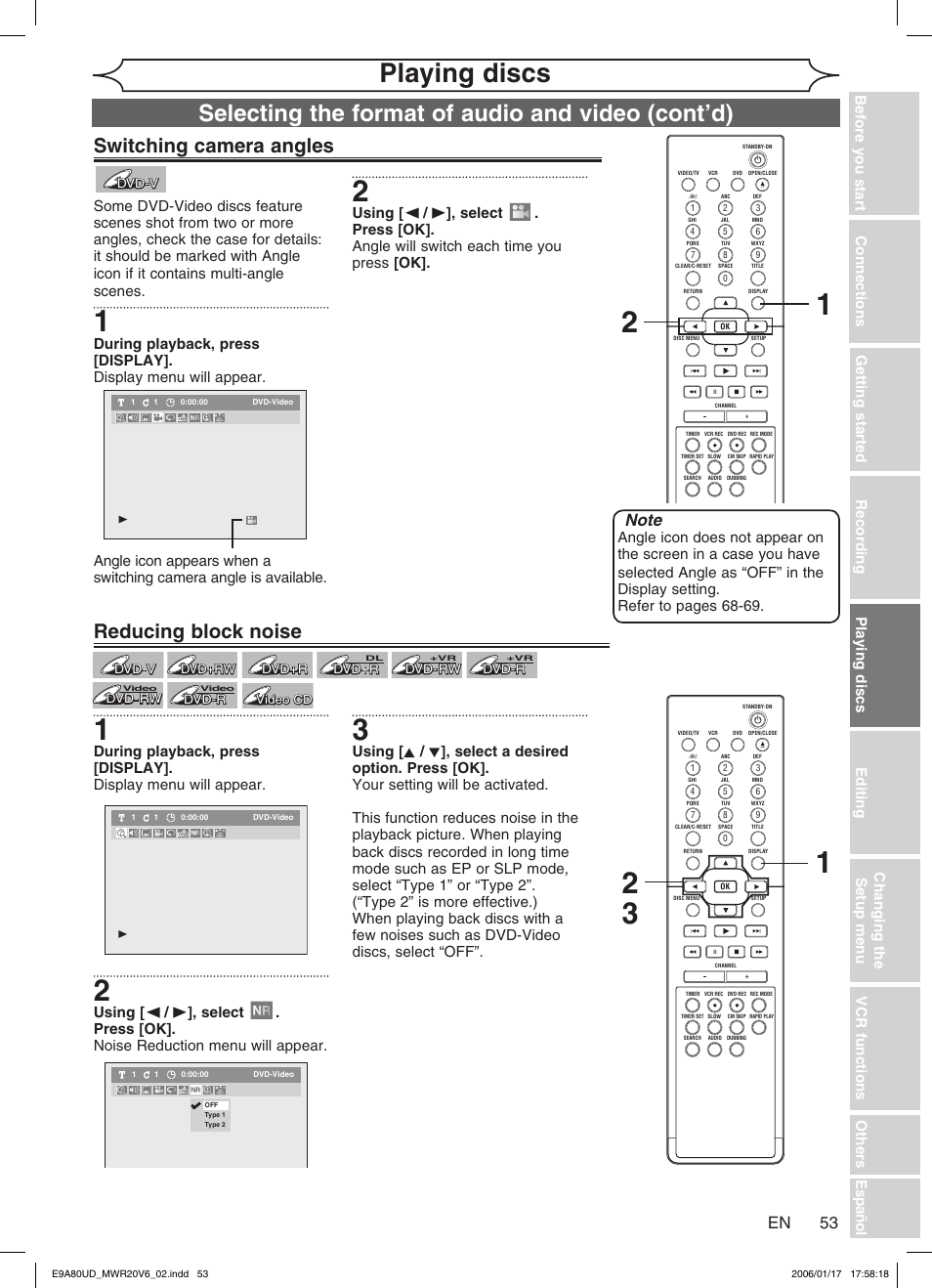 Playing discs, Selecting the format of audio and video (cont’d), Switching camera angles | Reducing block noise | Philips Magnavox MWR20V6 User Manual | Page 53 / 90