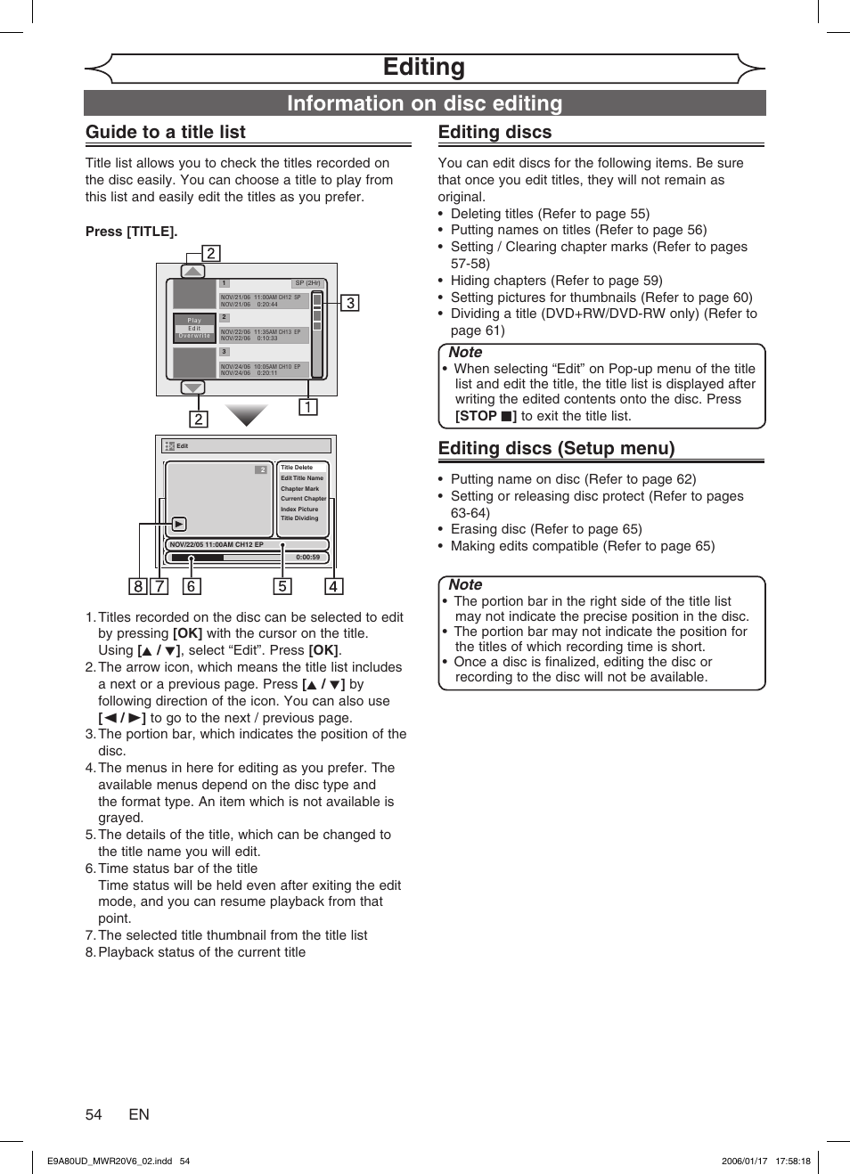 Editing, Information on disc editing, Guide to a title list | Editing discs, Editing discs (setup menu), 54 en | Philips Magnavox MWR20V6 User Manual | Page 54 / 90