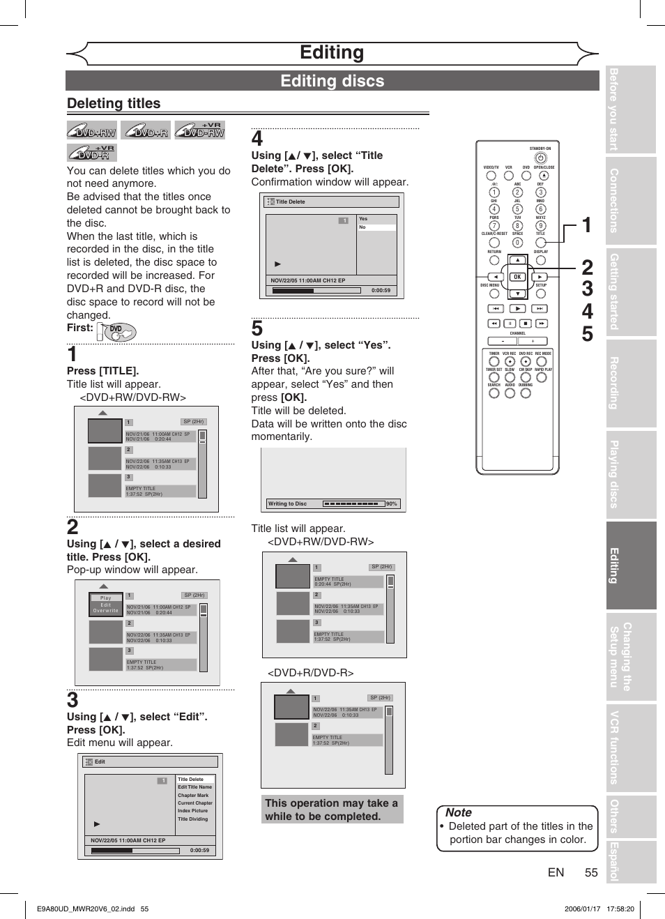 Editing, Editing discs, Deleting titles | This operation may take a while to be completed | Philips Magnavox MWR20V6 User Manual | Page 55 / 90