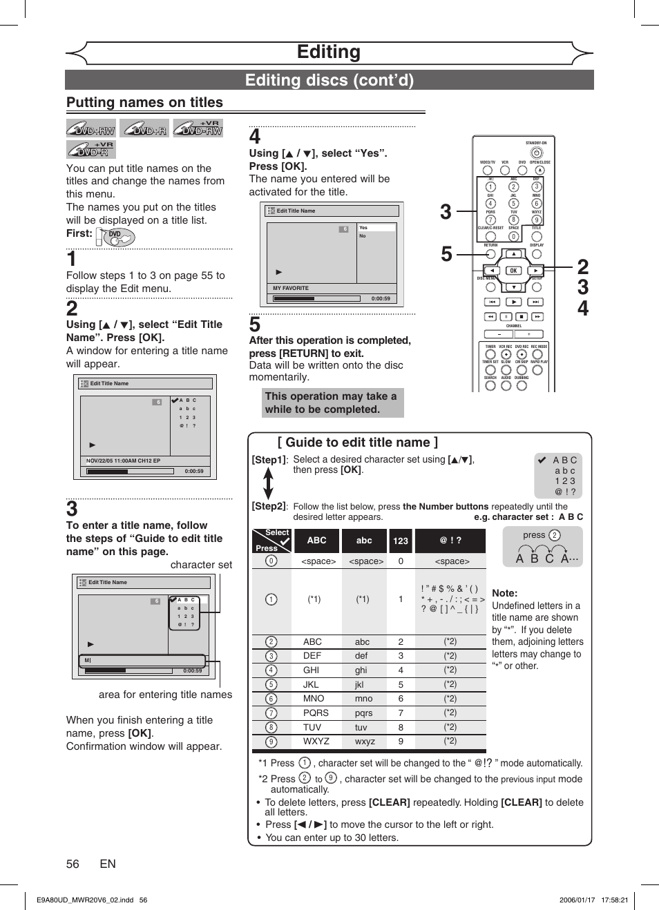 Editing, Editing discs (cont’d), Putting names on titles | Guide to edit title name, 56 en, A b c a | Philips Magnavox MWR20V6 User Manual | Page 56 / 90