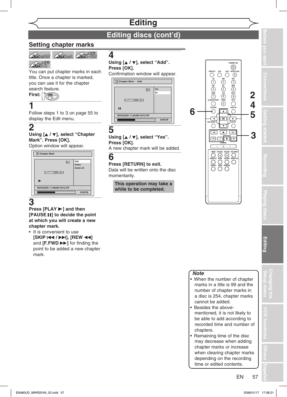 Editing, Editing discs (cont’d), Setting chapter marks | Philips Magnavox MWR20V6 User Manual | Page 57 / 90