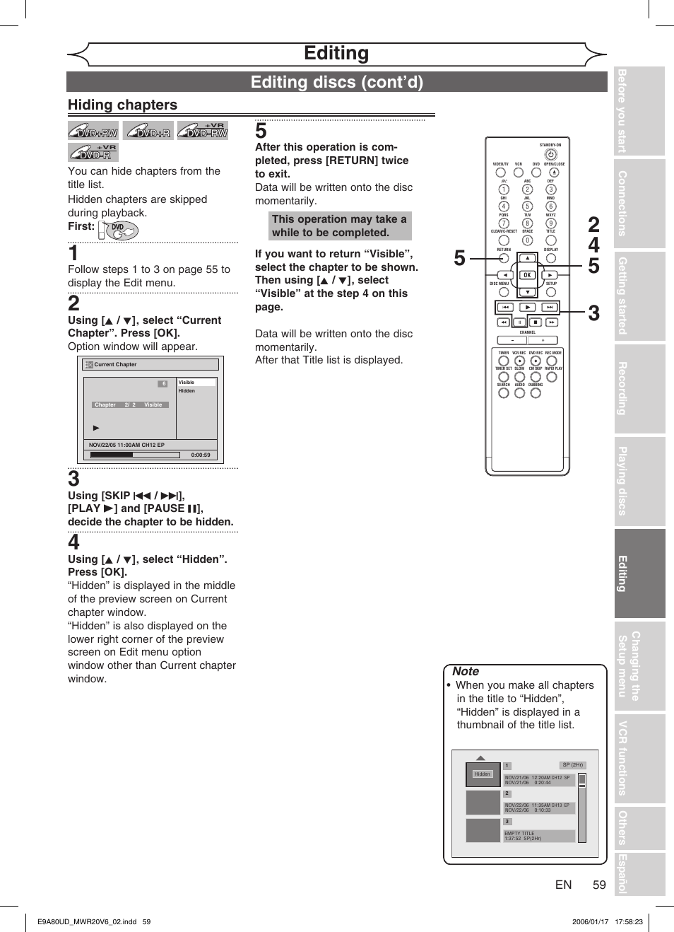 Editing, Editing discs (cont’d), Hiding chapters | Philips Magnavox MWR20V6 User Manual | Page 59 / 90