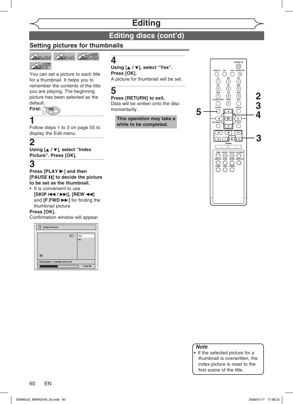Editing, Editing discs (cont’d), Setting pictures for thumbnails | 60 en | Philips Magnavox MWR20V6 User Manual | Page 60 / 90