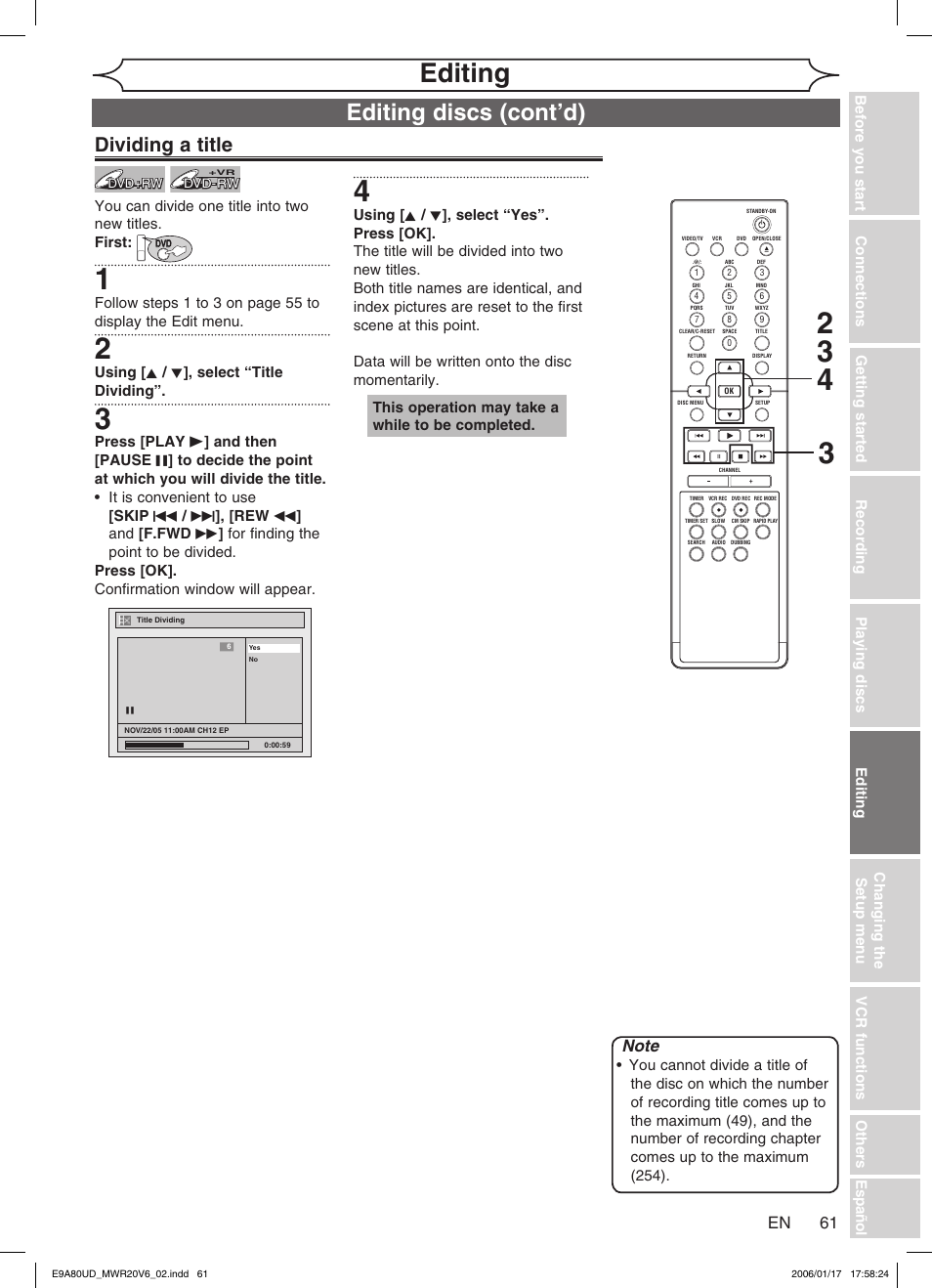 Editing, Editing discs (cont’d), Dividing a title | Philips Magnavox MWR20V6 User Manual | Page 61 / 90