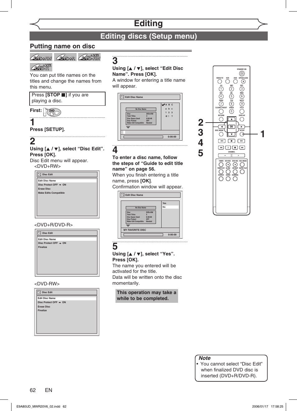 Editing, Editing discs (setup menu), Putting name on disc | 62 en, Press [setup, Press [stop c ] if you are playing a disc, This operation may take a while to be completed | Philips Magnavox MWR20V6 User Manual | Page 62 / 90