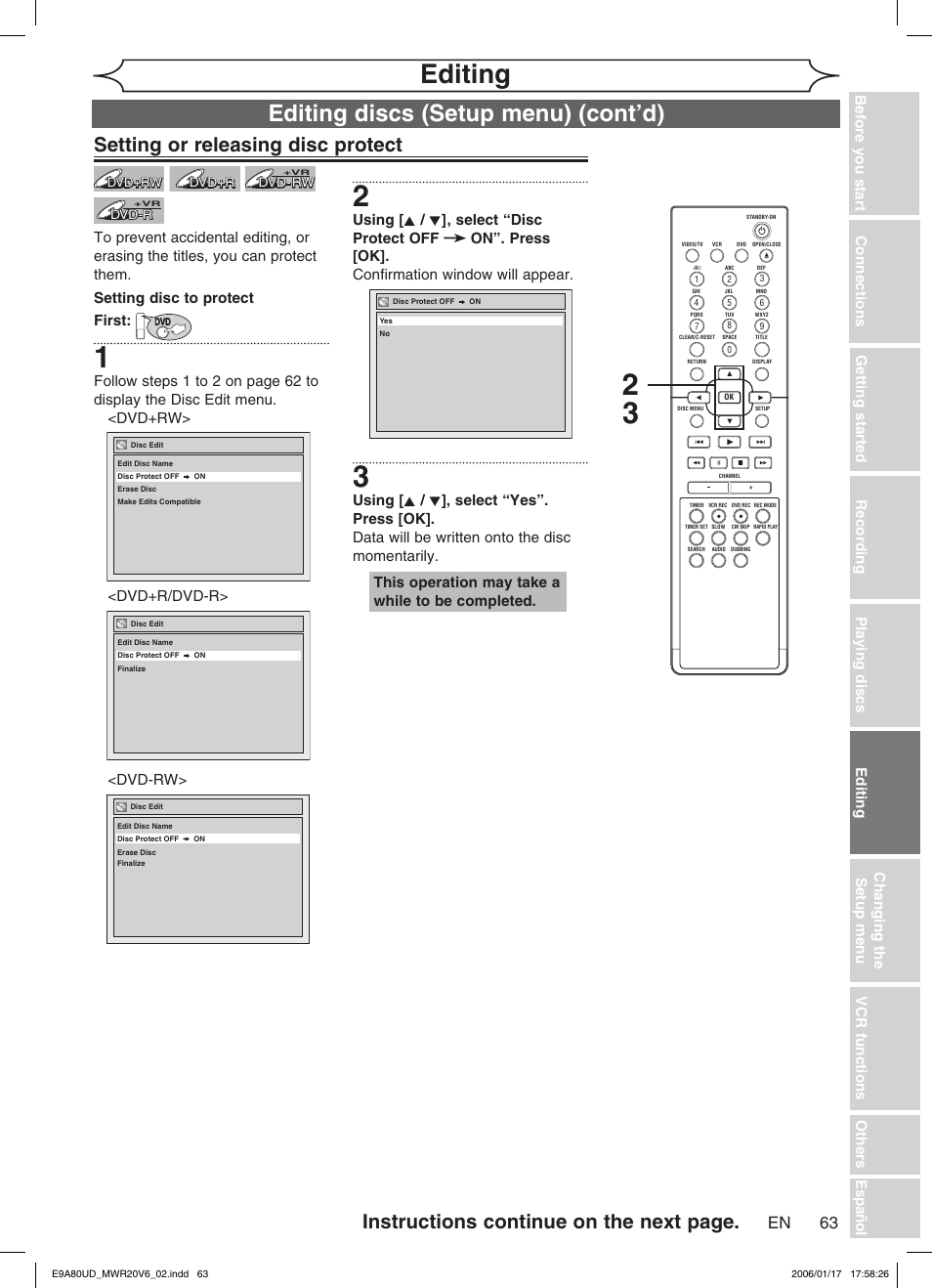 Editing, Editing discs (setup menu) (cont’d), Setting or releasing disc protect | Instructions continue on the next page, This operation may take a while to be completed | Philips Magnavox MWR20V6 User Manual | Page 63 / 90