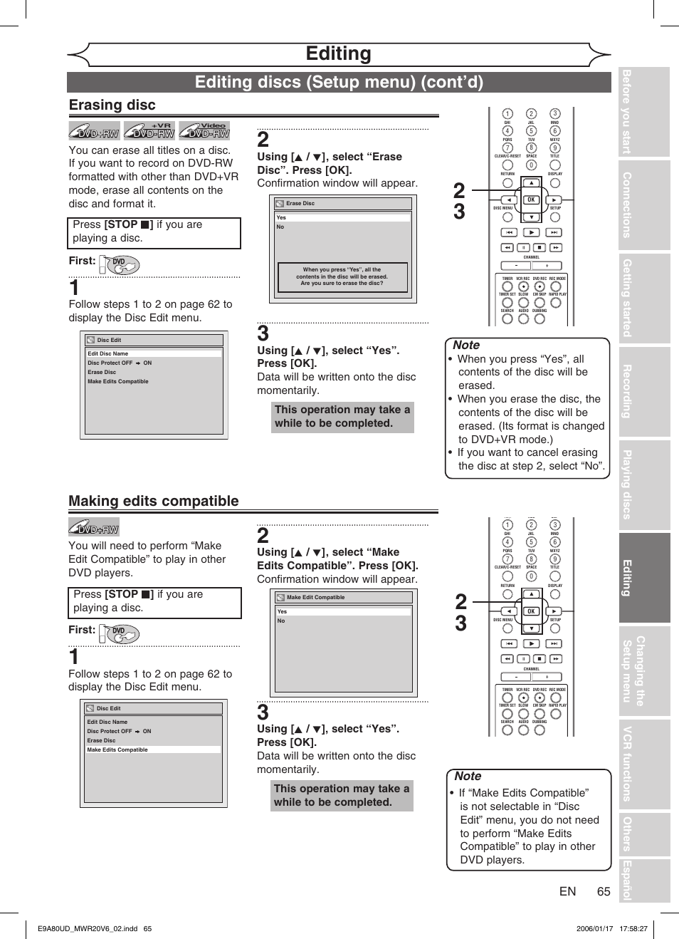 Editing, Editing discs (setup menu) (cont’d), Erasing disc | Making edits compatible, Press [stop c ] if you are playing a disc | Philips Magnavox MWR20V6 User Manual | Page 65 / 90