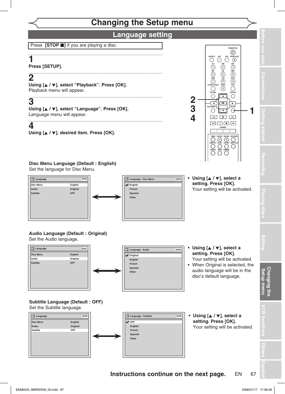 Changing the setup menu, Language setting, Instructions continue on the next page | Press [setup | Philips Magnavox MWR20V6 User Manual | Page 67 / 90