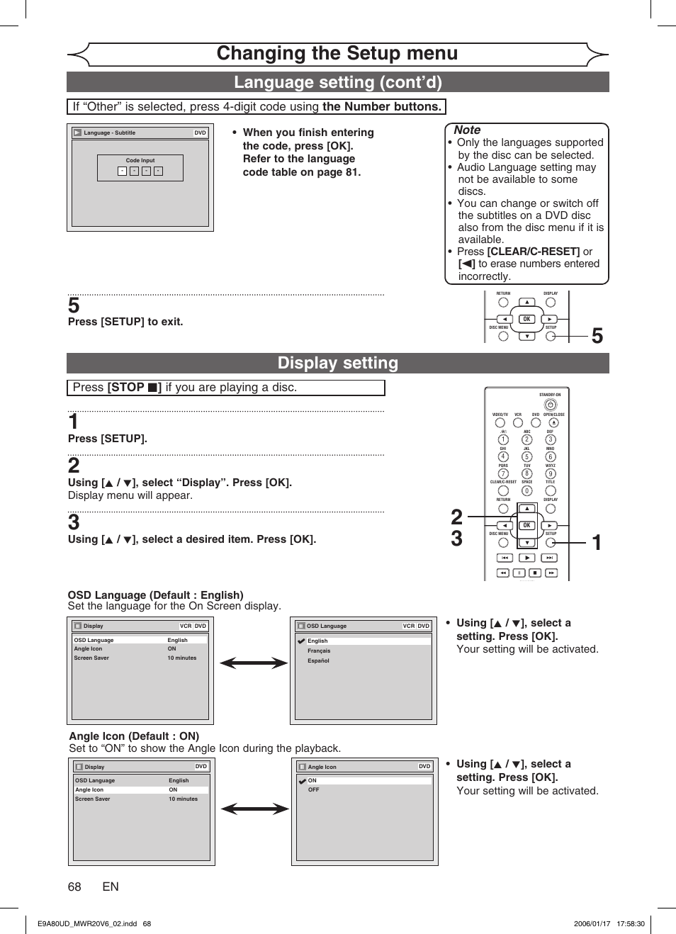 Changing the setup menu, Display setting, Language setting (cont’d) | 68 en, Press [stop c ] if you are playing a disc, Press [setup] to exit, Press [setup, Using [ k / l ], select a desired item. press [ok | Philips Magnavox MWR20V6 User Manual | Page 68 / 90