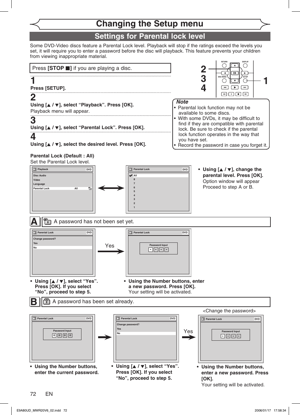 Changing the setup menu, Settings for parental lock level, Press [stop c ] if you are playing a disc | A password has not been set yet, A password has been set already | Philips Magnavox MWR20V6 User Manual | Page 72 / 90