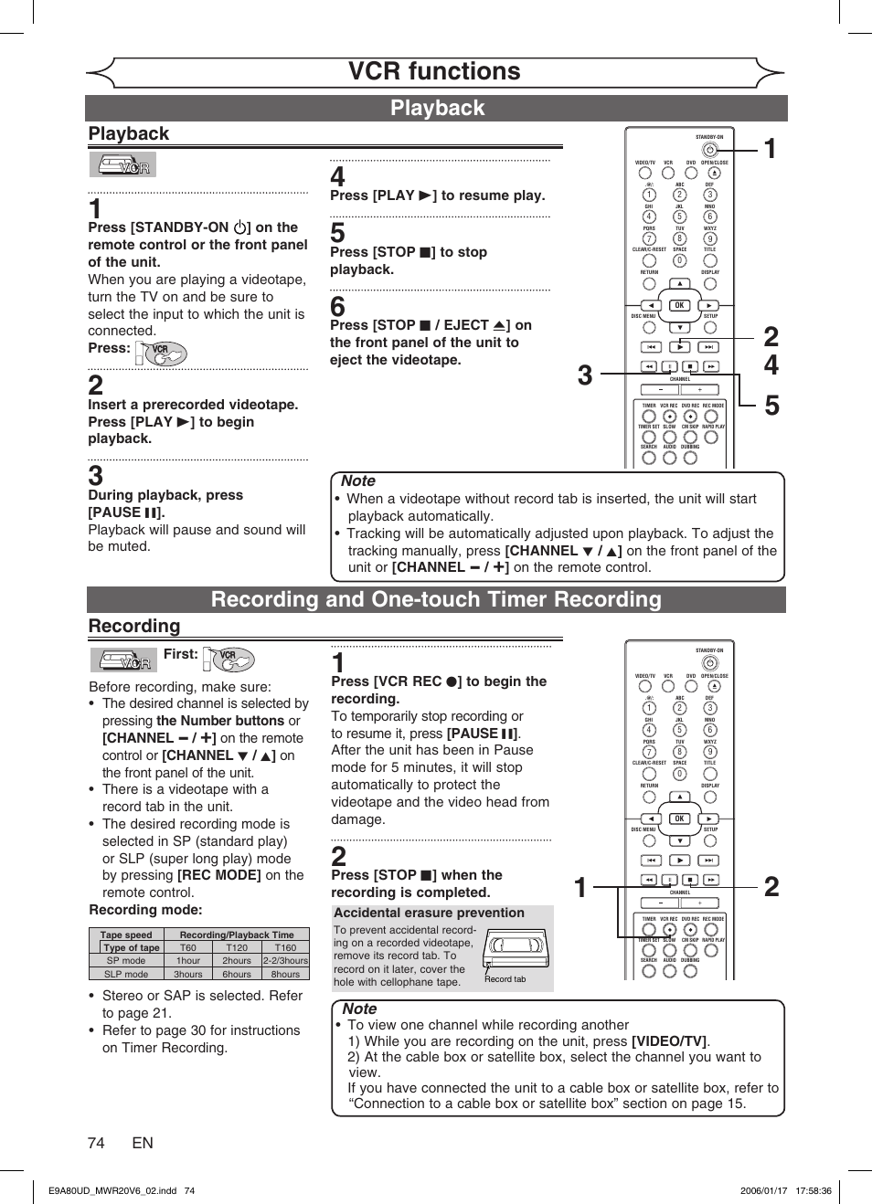 Vcr functions, Playback, Recording and one-touch timer recording | Recording, 74 en | Philips Magnavox MWR20V6 User Manual | Page 74 / 90