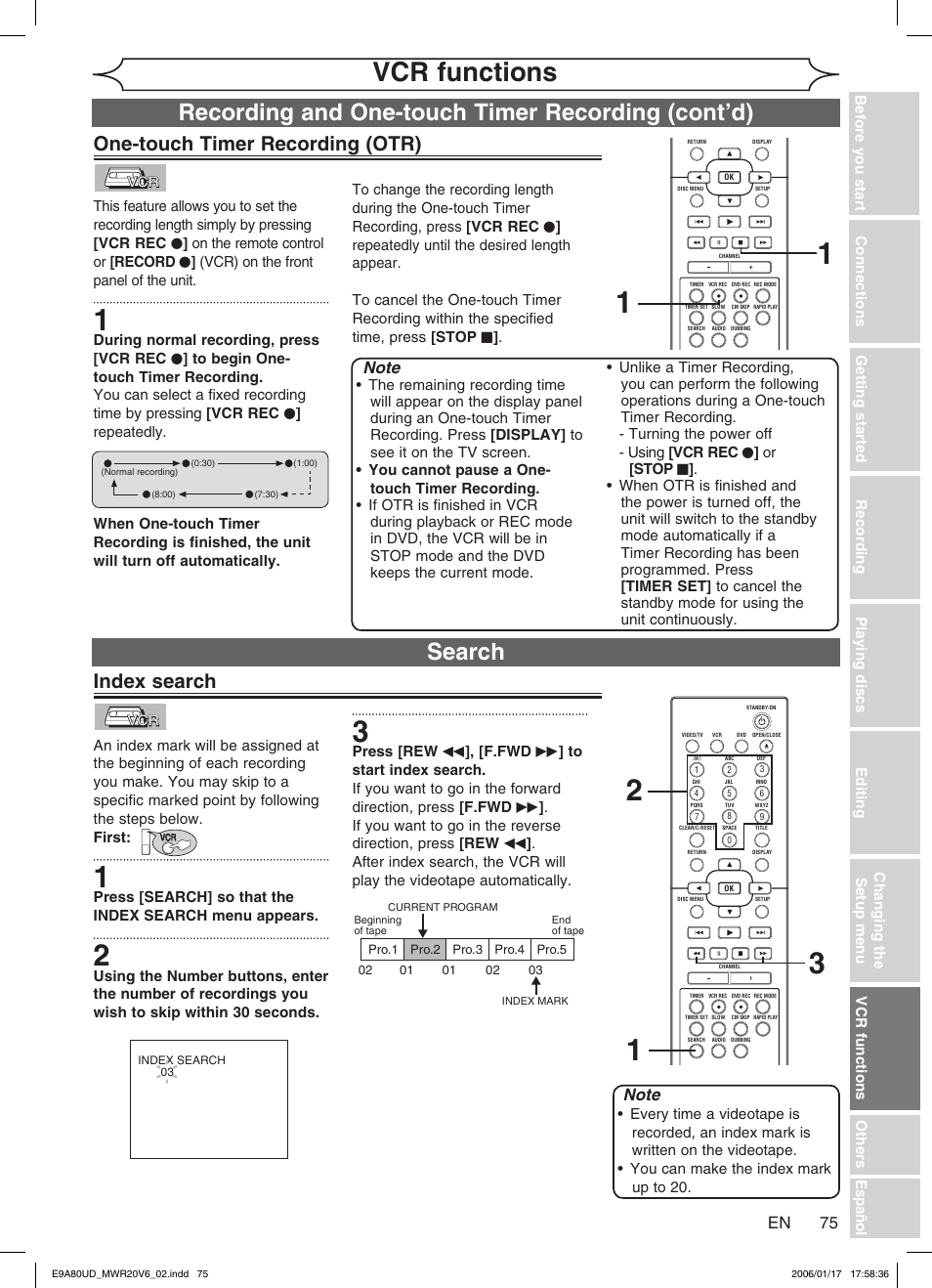 Vcr functions, Recording and one-touch timer recording (cont’d), Search | One-touch timer recording (otr), Index search | Philips Magnavox MWR20V6 User Manual | Page 75 / 90