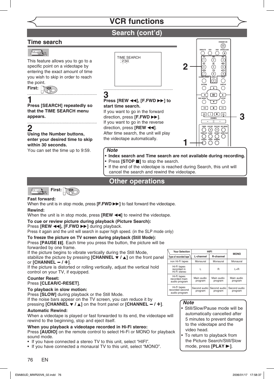 Vcr functions, Other operations, Search (cont’d) | Time search, 76 en | Philips Magnavox MWR20V6 User Manual | Page 76 / 90
