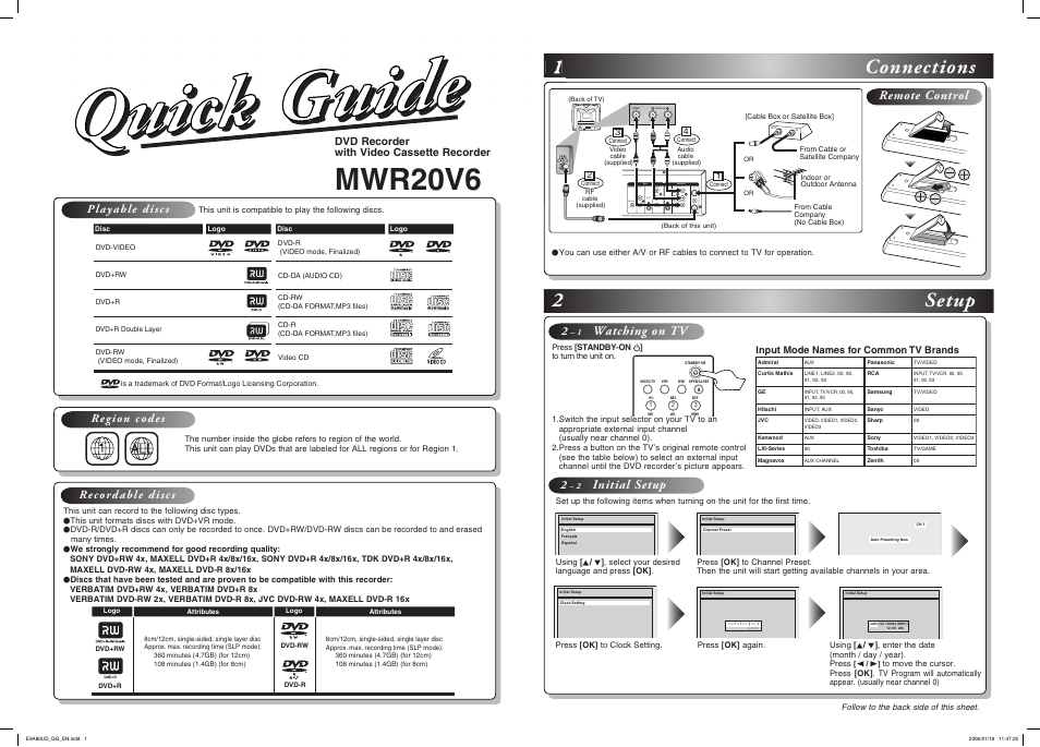 Mwr20v6_e9a80ud_qg_v1-1.pdf, Mwr20v6, 1connections 2 setup | Watching on tv, Initial setup, Remote control, Playable discs region codes recordable discs, Dvd recorder with video cassette recorder, Input mode names for common tv brands, Press [ok] again | Philips Magnavox MWR20V6 User Manual | Page 89 / 90