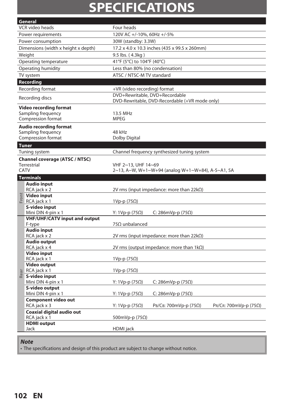 Specifications, 102 en | Philips Magnavox E9S80UD User Manual | Page 102 / 108