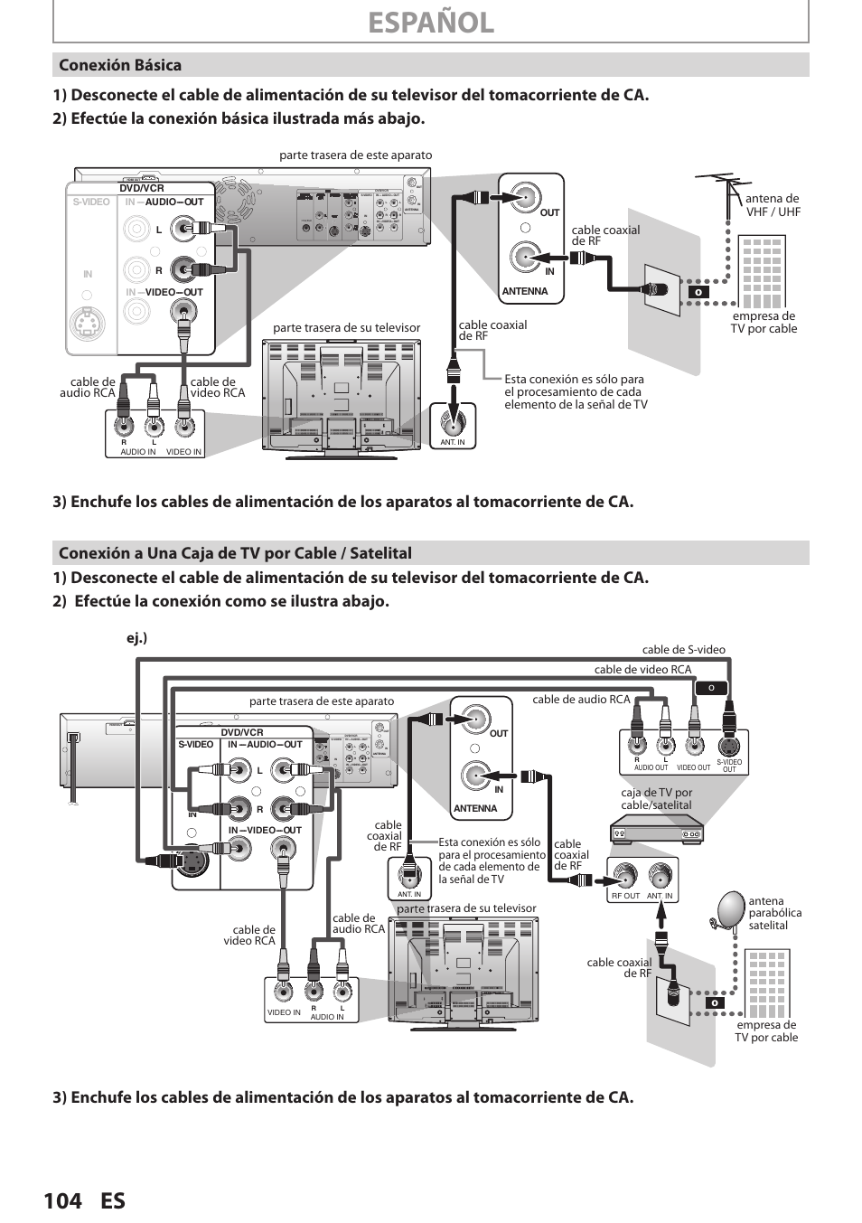 Español, 104 es, Ej.) | Cable coaxial de rf | Philips Magnavox E9S80UD User Manual | Page 104 / 108