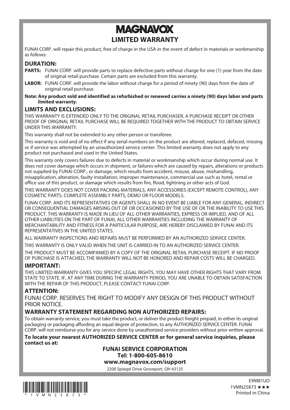 Limited warranty, Duration, Limits and exclusions | Important | Philips Magnavox E9S80UD User Manual | Page 108 / 108