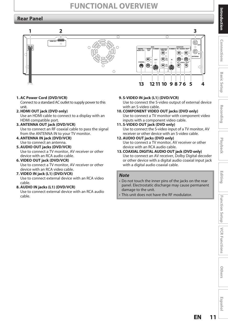 Rear panel, Functional overview, 11 en 11 en | Philips Magnavox E9S80UD User Manual | Page 11 / 108