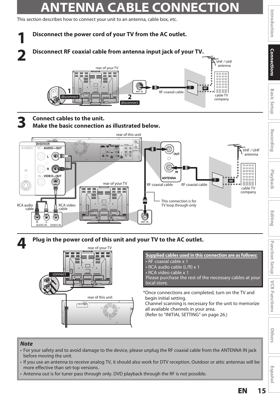 Antenna cable connection, 15 en 15 en | Philips Magnavox E9S80UD User Manual | Page 15 / 108