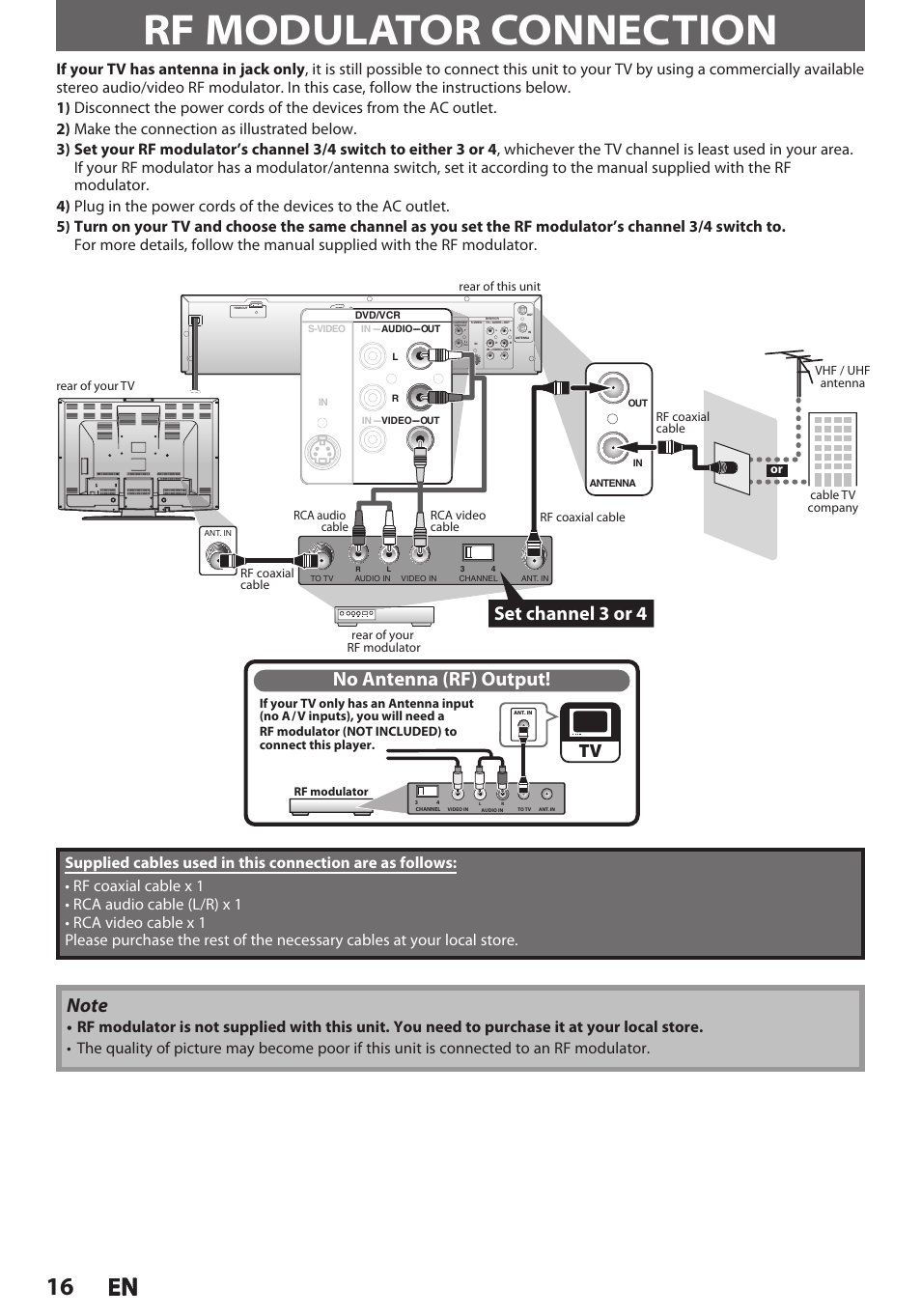 Rf modulator connection, 16 en en, Set channel 3 or 4 | No antenna (rf) output, Rear of your rf modulator, Rear of this unit, Rf modulator | Philips Magnavox E9S80UD User Manual | Page 16 / 108