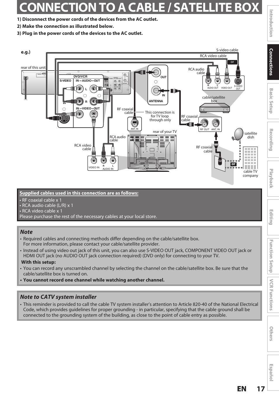 Connection to a cable / satellite box, 17 en 17 en, E.g.) | Philips Magnavox E9S80UD User Manual | Page 17 / 108
