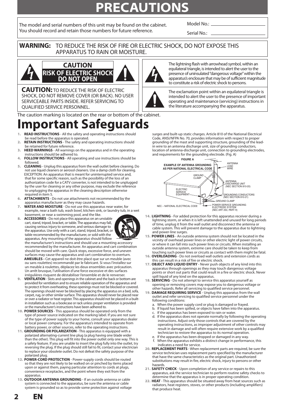 Precautions, Important safeguards, 2en 2 en | Caution, Caution risk of electric shock do not open, Warning | Philips Magnavox E9S80UD User Manual | Page 2 / 108