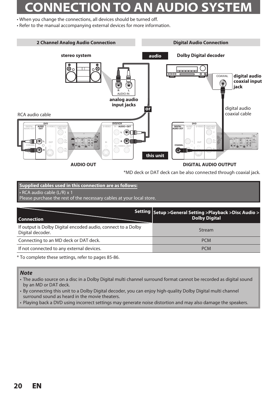 Connection to an audio system, 20 en 20 en | Philips Magnavox E9S80UD User Manual | Page 20 / 108