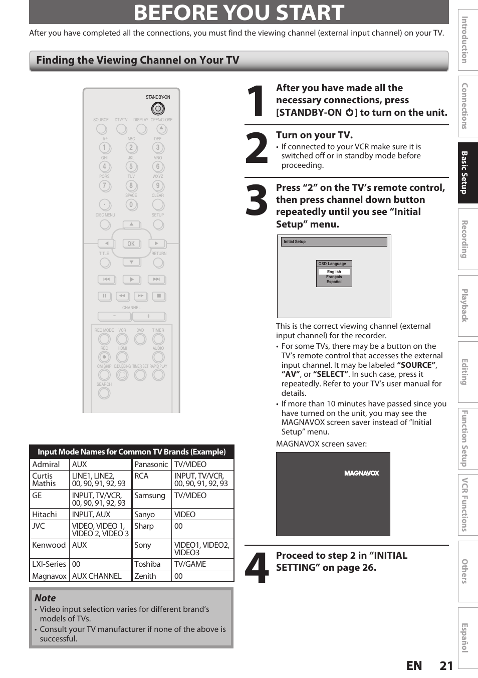 Before you start, Finding the viewing channel on your tv, 21 en 21 en | Turn on your tv, Proceed to step 2 in “initial setting” on page 26 | Philips Magnavox E9S80UD User Manual | Page 21 / 108