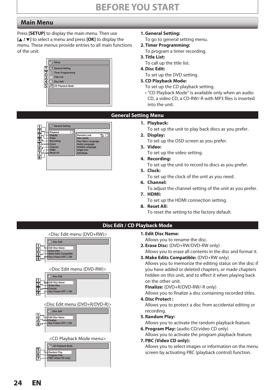 Main menu, Before you start, 24 en 24 en | Disc edit / cd playback mode, General setting menu | Philips Magnavox E9S80UD User Manual | Page 24 / 108