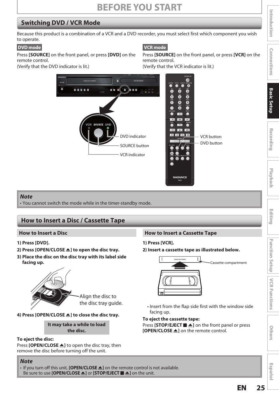 Switching dvd / vcr mode, How to insert a disc / cassette tape, Before you start | 25 en 25 en, Align the disc to the disc tray guide, How to insert a disc how to insert a cassette tape | Philips Magnavox E9S80UD User Manual | Page 25 / 108
