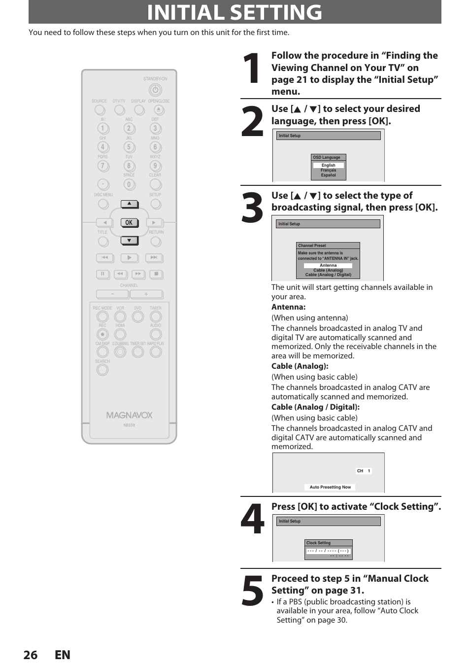 Initial setting, 26 en 26 en, Press [ok] to activate “clock setting | Philips Magnavox E9S80UD User Manual | Page 26 / 108