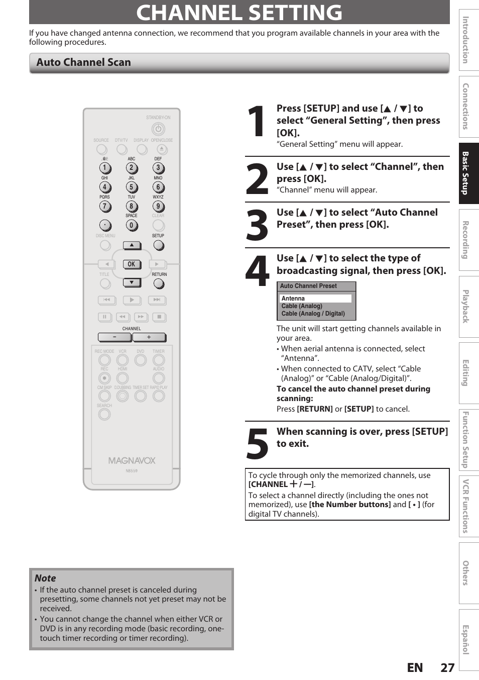 Channel setting, Auto channel scan, 27 en 27 en | Use [ k / l ] to select “channel”, then press [ok, When scanning is over, press [setup] to exit | Philips Magnavox E9S80UD User Manual | Page 27 / 108