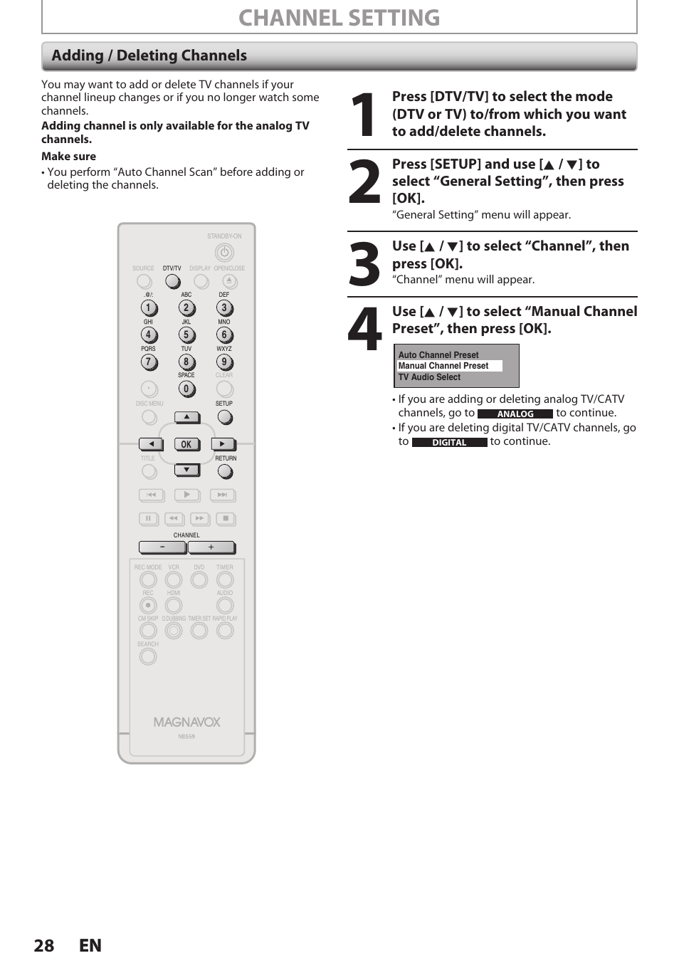 Adding / deleting channels, Channel setting, 28 en 28 en | Use [ k / l ] to select “channel”, then press [ok | Philips Magnavox E9S80UD User Manual | Page 28 / 108