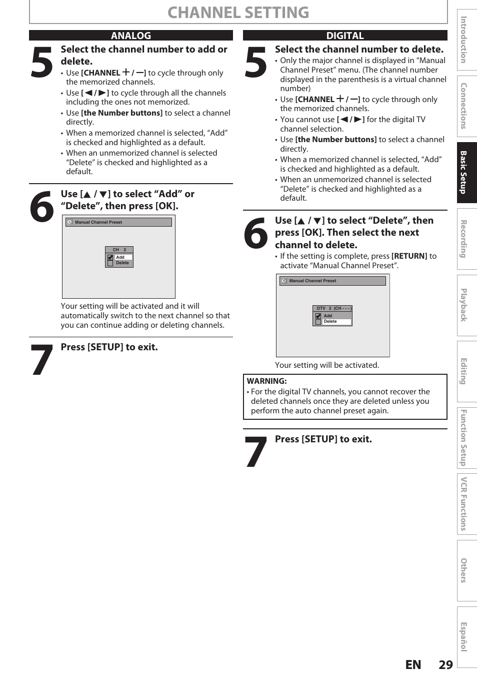 Channel setting | Philips Magnavox E9S80UD User Manual | Page 29 / 108