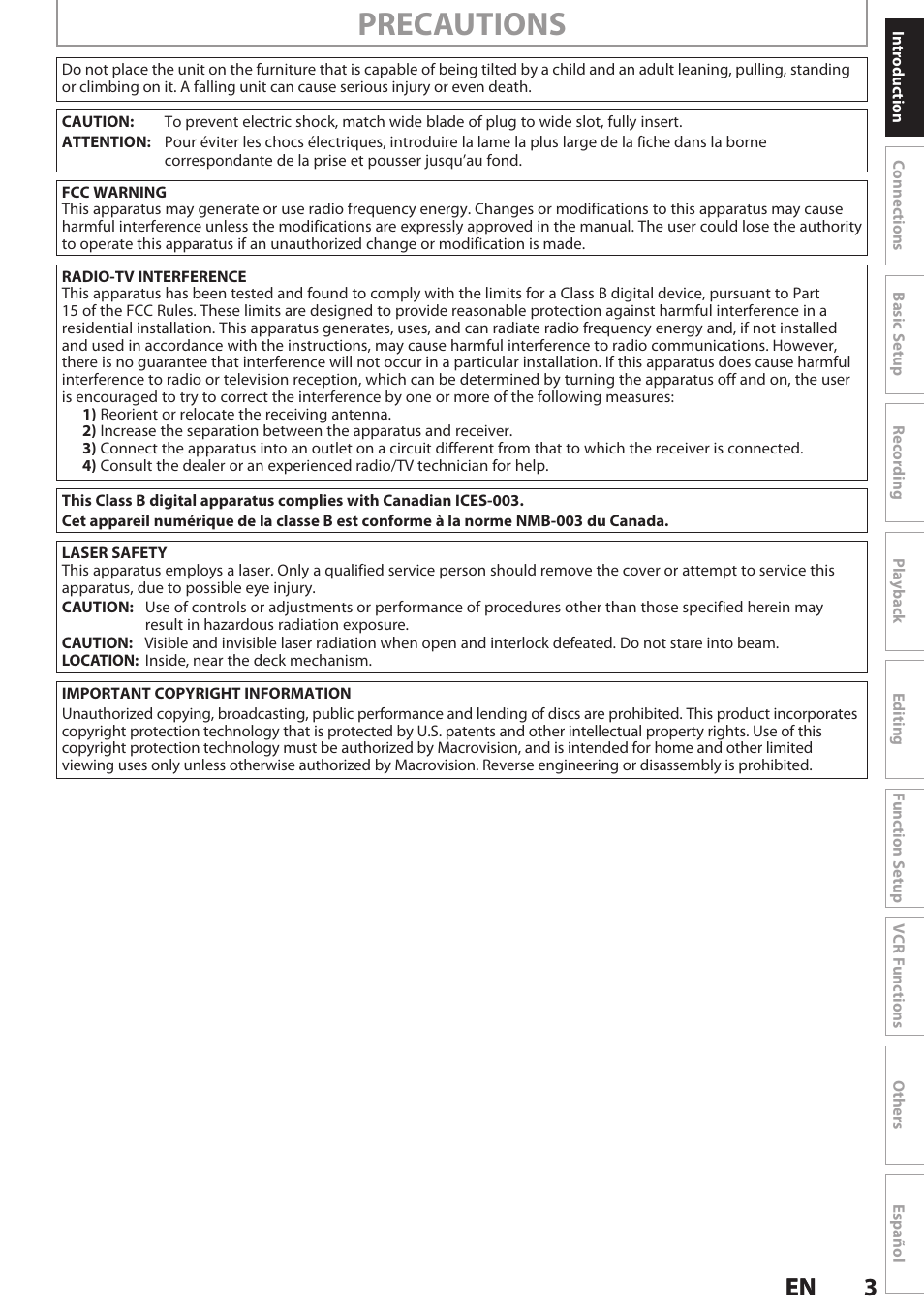 Precautions, 3en 3 en | Philips Magnavox E9S80UD User Manual | Page 3 / 108