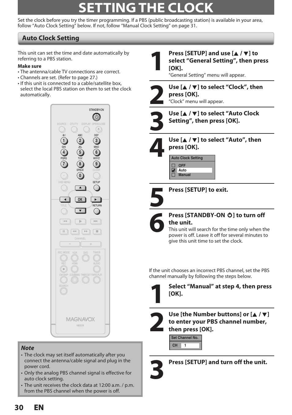 Setting the clock, Auto clock setting, 30 en 30 en | Philips Magnavox E9S80UD User Manual | Page 30 / 108