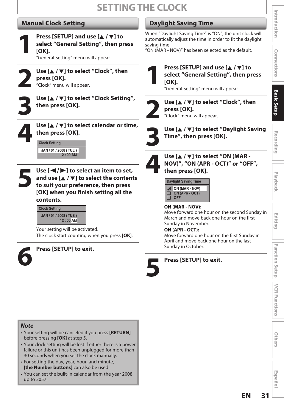 Manual clock setting, Daylight saving time, Setting the clock | Philips Magnavox E9S80UD User Manual | Page 31 / 108