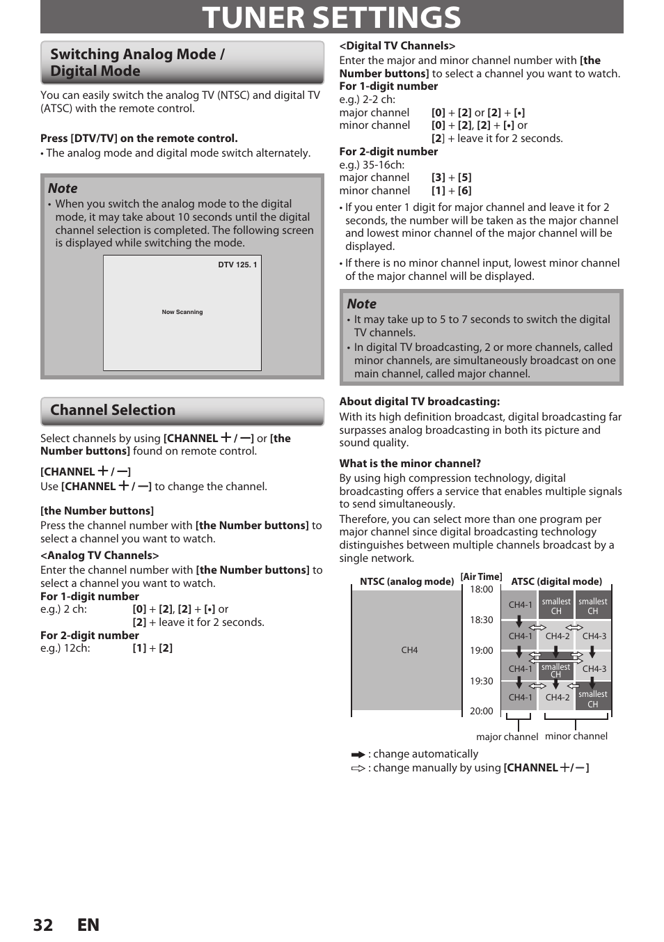 Tuner settings, Switching analog mode / digital mode, 32 en 32 en | Channel selection | Philips Magnavox E9S80UD User Manual | Page 32 / 108