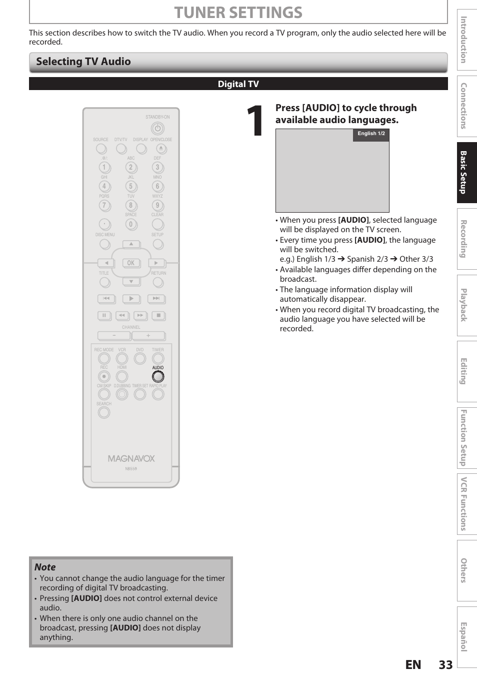 Selecting tv audio, Tuner settings, 33 en 33 en | Digital tv | Philips Magnavox E9S80UD User Manual | Page 33 / 108